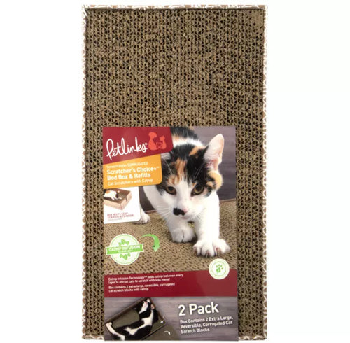 Petlinks Scratcher's Choice+ Bed Box & Refills Reversible Corrugate Cat Scratch Blocks & Cat Bed with Catnip Infusion Technology, 2 count Scratch Blocks (Extra Large)