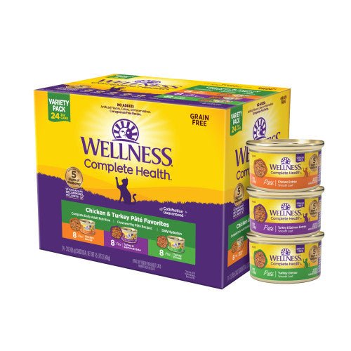 Wellness Complete Health Natural Grain Free Wet Cat Food Variety Pate Recipes Chicken & Turkey Pate Favorites (3 oz case of 12)